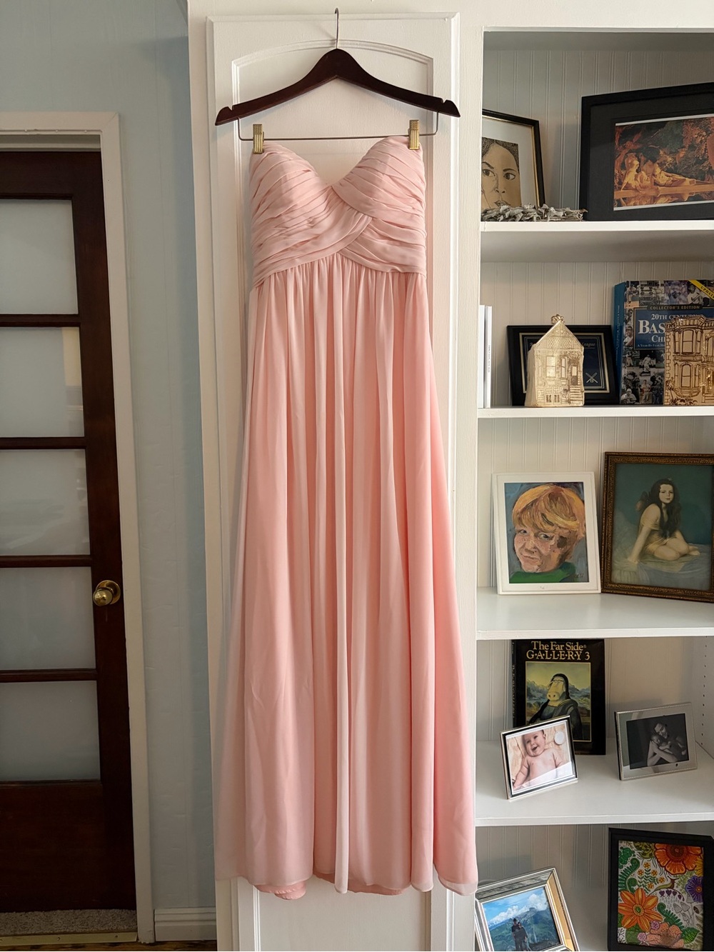 Elegant Blush Pink Pleated Maxi Dress for Weddings or Formal Event